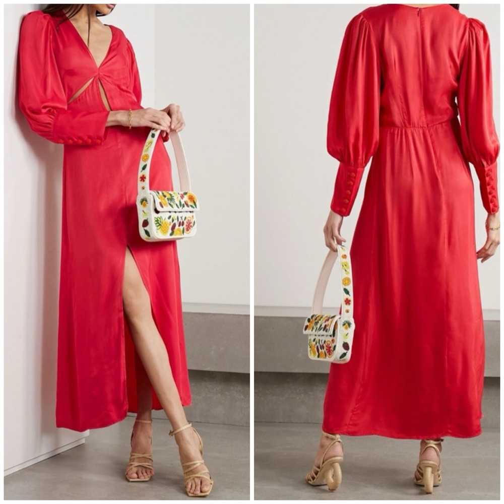 Farm Rio Cut Out Long Sleeve Sleeve Maxi Dress Silky Balloon Sleeves Red Resort